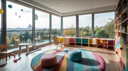 Interior of a living room with a panoramic view of the cityの素材