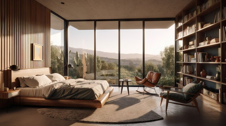 Interior of a modern bedroom with wooden walls, concrete floor, comfortable king size bed, armchair and bookcase. 3d renderingの素材