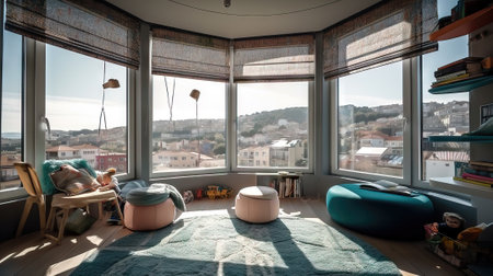 Interior of a modern living room with a large window overlooking the cityの素材
