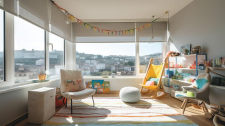 Interior of a child's room with a window overlooking the cityの素材