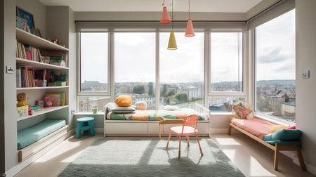 Interior of a modern children's room with a window overlooking the cityの素材