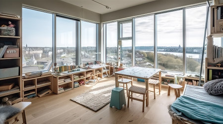 Interior of a modern room with a beautiful view of the cityの素材