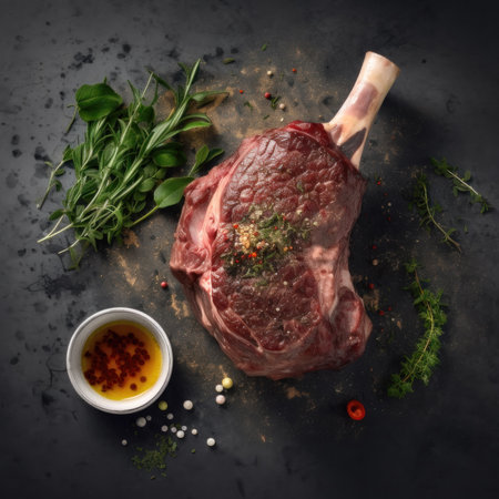 Raw fresh rib eye steak with herbs and spices on a black backgroundの素材