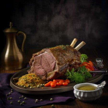 roast lamb with vegetables and sauce on a dark wooden background.の素材