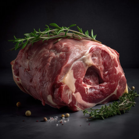 Raw pork neck with rosemary and spices on a black background.の素材