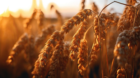 Golden ears of wheat in the field at sunset, close-upの素材