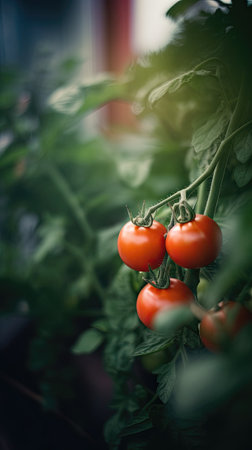 Tomatoes growing in a greenhouse. Selective focus. Shallow depth of field.の素材
