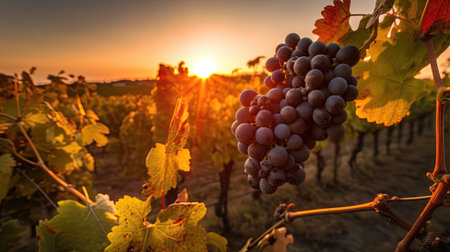 Ripe grapes in vineyard at sunset, Tuscany, Italyの素材