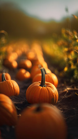 Pumpkin patch on sunny Autumn day. Seasonal natural scene.の素材