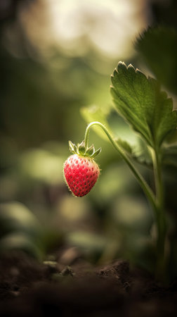 Strawberry plant growing in the garden with blurred background. Selective focus.の素材