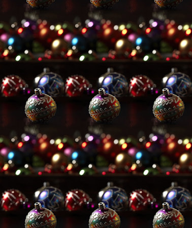 Colorful Christmas ornaments on a wooden shelf in a shopの素材