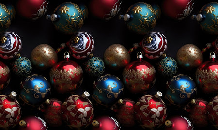 Christmas balls background. Red and blue christmas balls on black background.の素材
