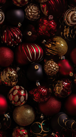 Christmas background with red and black baubles, close-upの素材