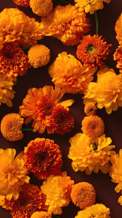 Orange chrysanthemum flowers on brown background, top viewの素材