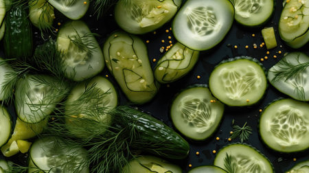 Cucumber slices and dill on a black background, top viewの素材
