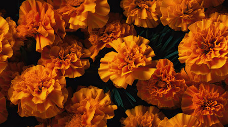 Marigold flowers on black background, top view. Floral backgroundの素材