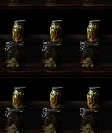 Jars with pickled peppers on a shelf in a pantryの素材