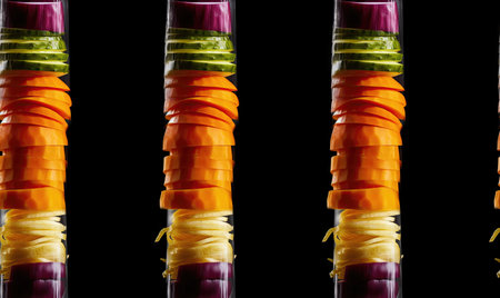 Slices of fresh vegetables arranged in a row on black backgroundの素材