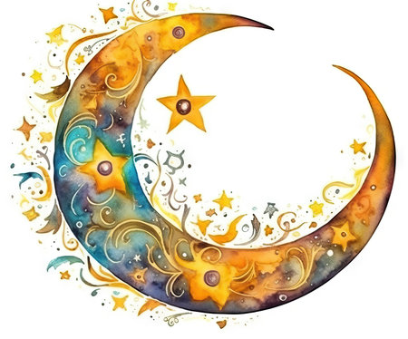 Watercolor illustration of a crescent moon with stars and swirls.の素材