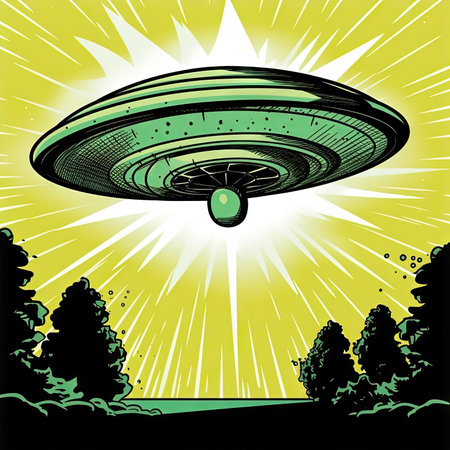 UFO flying over the forest. Vector illustration for your design.の素材