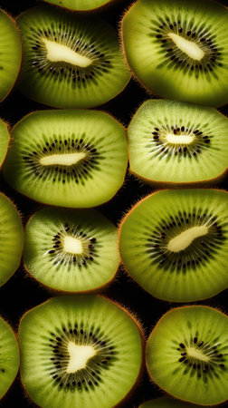 Kiwi fruit slices on black background. Close-up.の素材