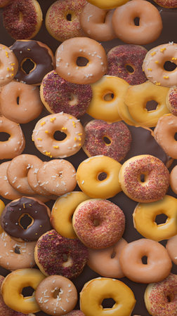 Delicious donuts with sprinkles on a brown background. Top view.の素材
