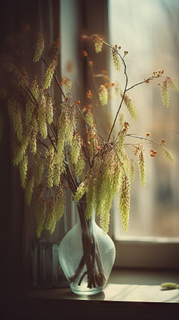 Bouquet of birch branches in a vase on the windowsillの素材
