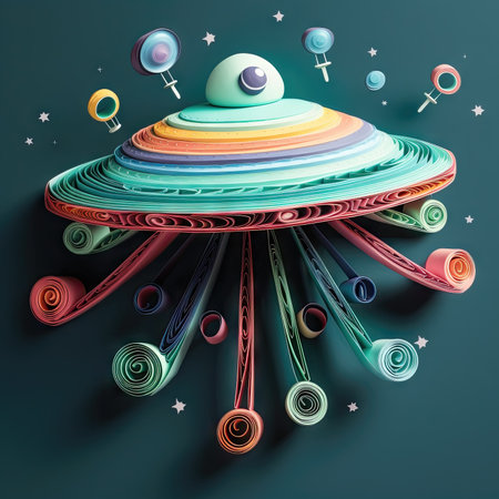UFO in space with planets and stars. 3D illustration.の素材