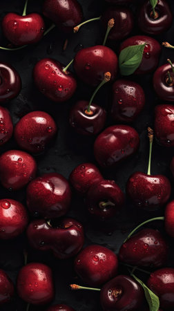 Cherries on a black background with water drops. Top view.の素材