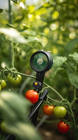 Ripe tomatoes on a branch in a greenhouse. Selective focus.の素材
