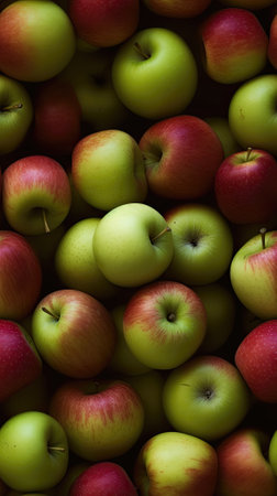 Background of red and green apples. Top view. Flat lay.の素材