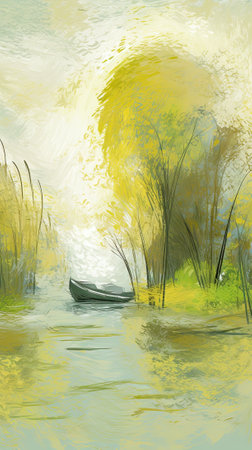 Bamboo grove and boat in the water. Digital painting.の素材