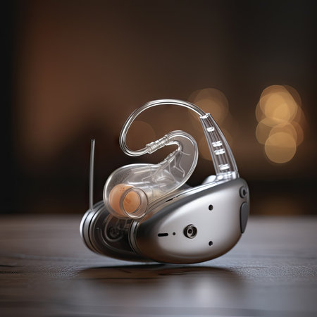 Earphones on the table in front of a blurred background. 3d renderingの素材