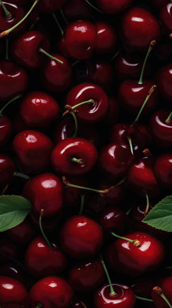 Cherries background. Top view of fresh cherries with leaves.の素材