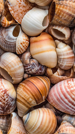 Seashells background. Top view of seashells.の素材