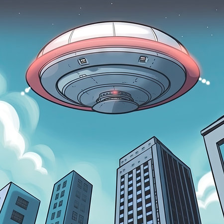 UFO flying over the city. AI generated illustration of a flying saucer.の素材