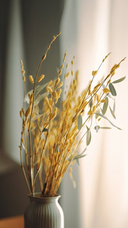 Vase with dry grass on table in room. Selective focusの素材
