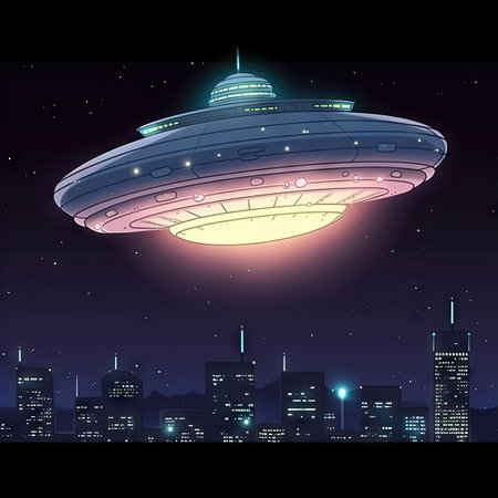 UFO flying over the city at night. Futuristic illustration.の素材
