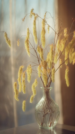 Bouquet of willow branches in a vase on the tableの素材