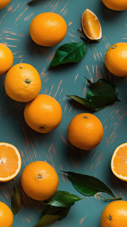 Fresh oranges with leaves on green background. Flat lay, top viewの素材