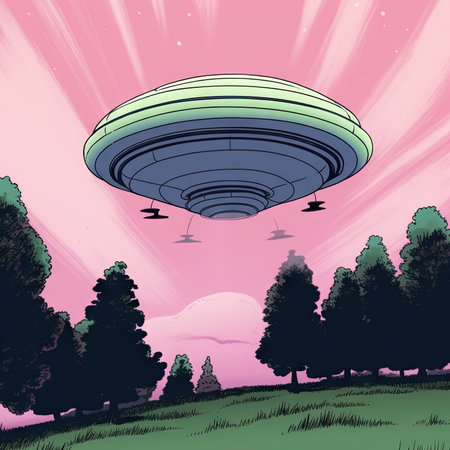 Illustration of flying saucer in the sky over the forest.の素材