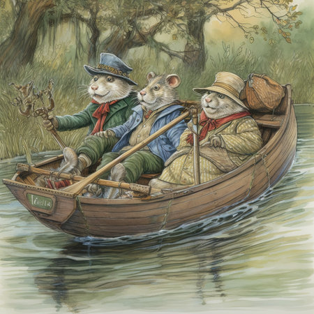 Two rats in a boat on the lake, drawing by watercolorの素材