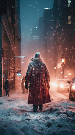 Mysterious Santa Claus walking through snowstorm in city street at nightの素材