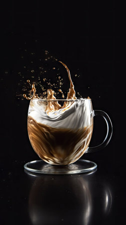 Coffee splash in a cup on a black background with reflectionの素材