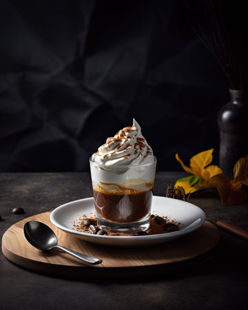 Coffee with whipped cream and caramel on a dark background.の素材