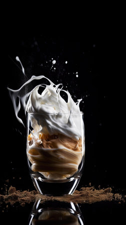 Dessert in a glass with splashing milk on a black backgroundの素材