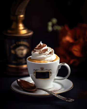 Coffee with whipped cream in a cup on a dark backgroundの素材