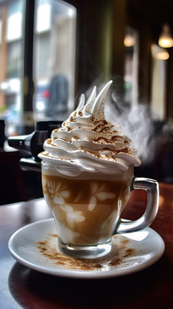 Cappuccino with whipped cream in a cup on the tableの素材