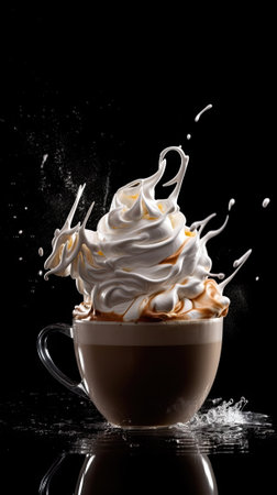 Coffee with whipped cream on a black background, splashes and dropsの素材