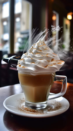 Cappuccino with whipped cream in a glass on the tableの素材
